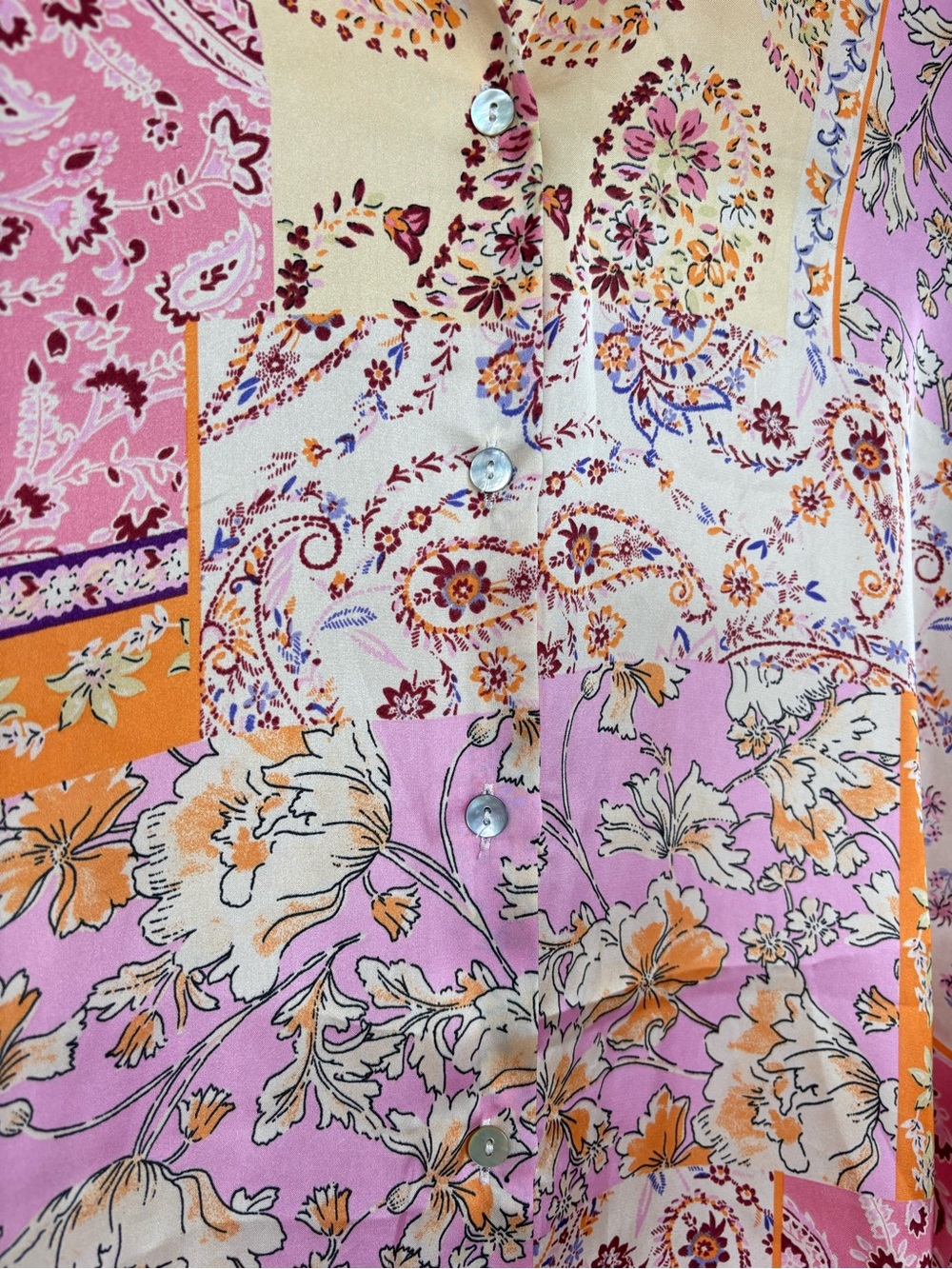 Zara S Patchwork Paisley Button Up Shirt in Pink and Cream Silk Feels Blouse - Picture 10 of 16